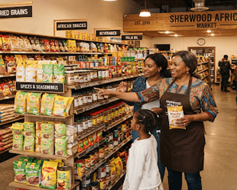 Shoppers browsing aisles at Sherwood African Market